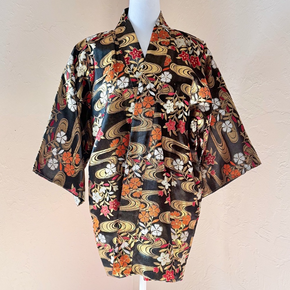 Vintage Metallic Satin Brocade Haori Kimono Style Floral Jacket One Size S M L